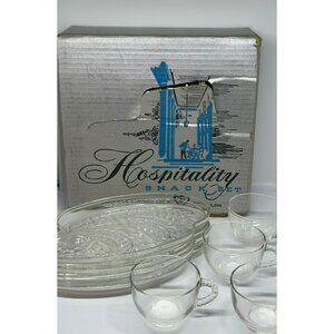 VTG 1950s Federal Glass “Hospitality” Snack Set – 4 Clear Glass Plates & 4 Cups